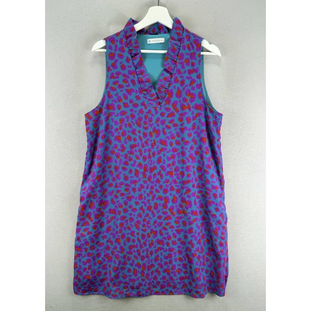 FSL Apparel Women's Sz L Teal‎ + Purple Ruffle Collar Leopard Animal Print Dress